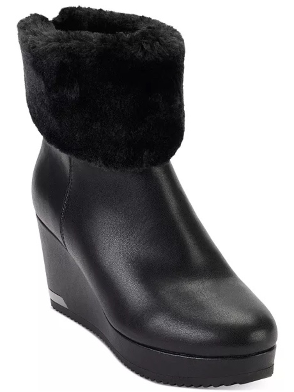DKNY Nadra Wedge Ankle Booties Black Leather Faux Fur Size 6.5